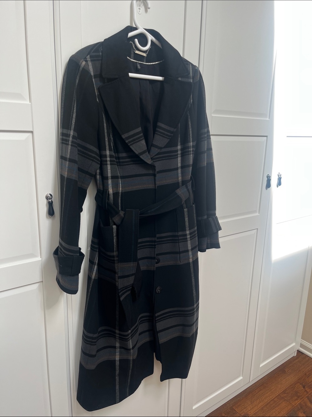 White House Black Market Black and Gray Plaid Belted Trench